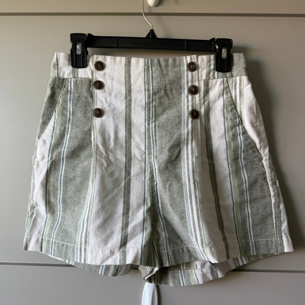 CI SONO Striped Sailor Shorts Women Large Sage Green Linen Blend High Waist